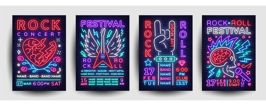 Rock music concert poster collection vector. Design Template Rock Music Festival Flyers set, Neon Style, Neon Banner, Light Flyer, Concert Invitation, Rock Roll Music, Night Party Invitation. Vector - Powered by Adobe