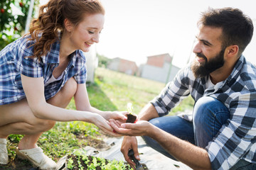 Two attractive young women working in greenhouse and planting seeds.