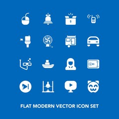 Modern, simple vector icon set on blue background with girl, media, device, mouse, music, box, laboratory, container, sport, safe, internet, ocean, cardboard, alert, scuba, asian, notification icons