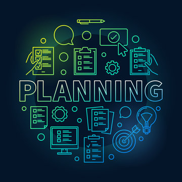 Planning vector round illustration made with outline icons