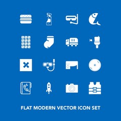 Modern, simple vector icon set on blue background with launch, bottle, water, protective, clothing, snorkel, technology, camera, food, phone, seafood, photography, summer, sweet, dvd, photo, sea icons