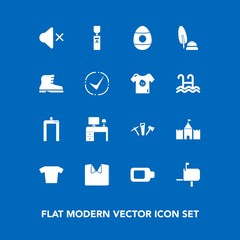 Modern, simple vector icon set on blue background with new, fashion, liquid, leather, spring, office, baby, tower, clothes, energy, mute, scan, xray, business, repair, machine, volume, table icons