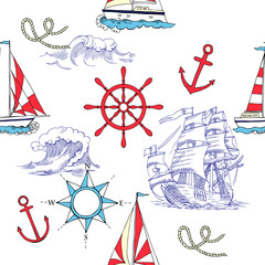 Nautical seamless pattern with sailing vesselsand