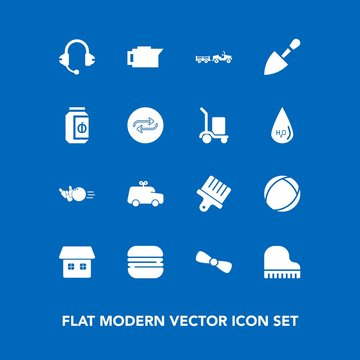 Modern, simple vector icon set on blue background with paint, snack, cheeseburger, burger, drink, play, piano, sport, equipment, toy, construction, jar, bowling, home, musical, pin, coffee, tool icons