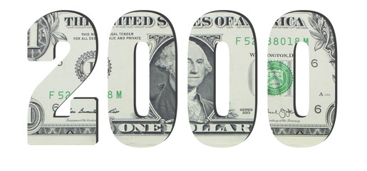 2000 Number. American dollar banknotes. Money texture. Isolated on white background