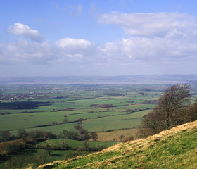 Fototapeta premium View over patchwork fields of The Severn Vale from Coaley Peak viewpoint, Cotswolds, Gloucestershire, UK