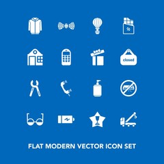 Modern, simple vector icon set on blue background with jump, fashion, power, winner, bar, bow, dessert, battery, achievement, vehicle, eye, telephone, jacket, electricity, elegance, conditioner icons