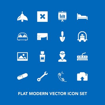 Modern, simple vector icon set on blue background with tool, document, annual, double, photo, bed, lamp, dental, communication, upload, wrench, phone, old, frame, music, dentist, machine, light icons