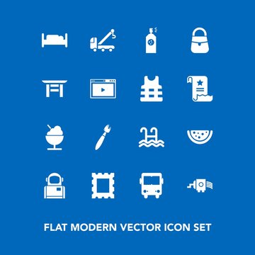 Modern, simple vector icon set on blue background with sign, space, spray, picture, water, cooking, tow, border, bedroom, bus, brush, photo, online, grater, transport, bag, icecream, cosmos, car icons