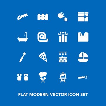 Modern, simple vector icon set on blue background with chief, bar, envelope, food, communication, fashion, art, flip, toilet, tea, bathroom, boat, vessel, work, sign, cup, celebration, lamp, saw icons
