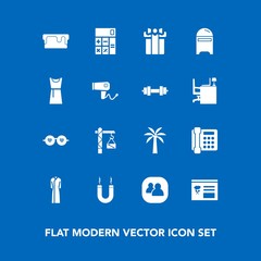 Modern, simple vector icon set on blue background with sunglasses, present, envelope, phone, care, construction, group, dryer, dress, hairdryer, mailbox, holiday, hammer, mail, energy, fashion,  icons