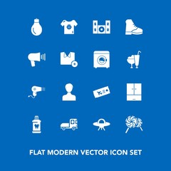 Modern, simple vector icon set on blue background with space, sign, bulb, food, travel, power, home, profile, clothing, sweet, alien, health, user, hairdryer, vehicle, baby, boot, light, video icons