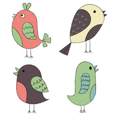 Cute hand drawn birds. Colorful birds collection. Isolated on white vector set.