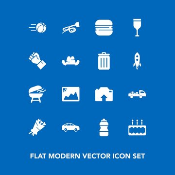 Modern, simple vector icon set on blue background with wine, red, drink, game, frame, left, blossom, music, bottle, ball, sound, cooking, floral, delivery, truck, snack, beautiful, highway, move icons