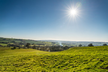 English countryside against low sun Warwickshire, UK