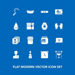 Modern, simple vector icon set on blue background with closed, business, doughnut, profile, id, agriculture, discount, health, identity, medicine, card, watch, price, clock, time, chat, glass icons