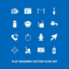 Modern, simple vector icon set on blue background with laboratory, warehouse, cursor, safety, hygiene, phone, health, pulse, timetable, web, organic, clean, time, department, camera, fruit, care icons