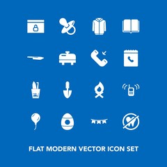 Modern, simple vector icon set on blue background with fireplace, ringing, jacket, toothbrush, clothing, flame, shovel, toothpaste, book, background, telephone, baby, birthday, hygiene, call icons