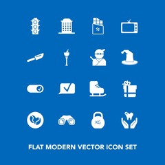 Modern, simple vector icon set on blue background with weight, safety, kilogram, cold, package, bow, ice, sweet, technology, dental, traffic, binocular, chat, healthy, cutlery, house, screen, tv icons