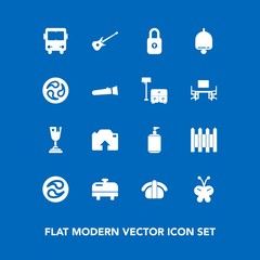 Modern, simple vector icon set on blue background with bell, sushi, fence, butterfly, heater, salmon, ring, beauty, soap, nature, boiler, security, white, achievement, liquid, transportation icons
