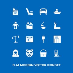 Modern, simple vector icon set on blue background with cute, competition, phone, cricket, day, match, stationary, bag, entrance, office, woman, vehicle, time, kitchen, lamp, schedule, street icons