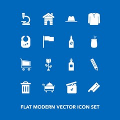 Modern, simple vector icon set on blue background with drink, waste, child, bear, ball, axe, food, recycle, trash, business, box, estate, restaurant, house, retail, jacket, biology, building icons