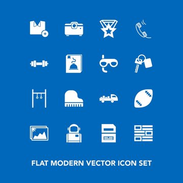 Modern, simple vector icon set on blue background with truck, shirt, delivery, data, photo, shipping, astronaut, phone, game, piano, internet, t-shirt, image, equipment, space, menu, file, frame icons