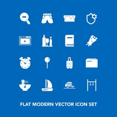 Modern, simple vector icon set on blue background with sweet, pie, wear, file, baggage, alarm, hour, template, exercise, bag, web, map, vacation, watch, pin, clock, meal, travel, luggage, noodle icons