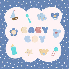 Set of colorful baby boy toys with seamless background. Vector illustration