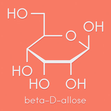 Allose (beta-D-allopyranose form) sugar molecule. Skeletal formula.