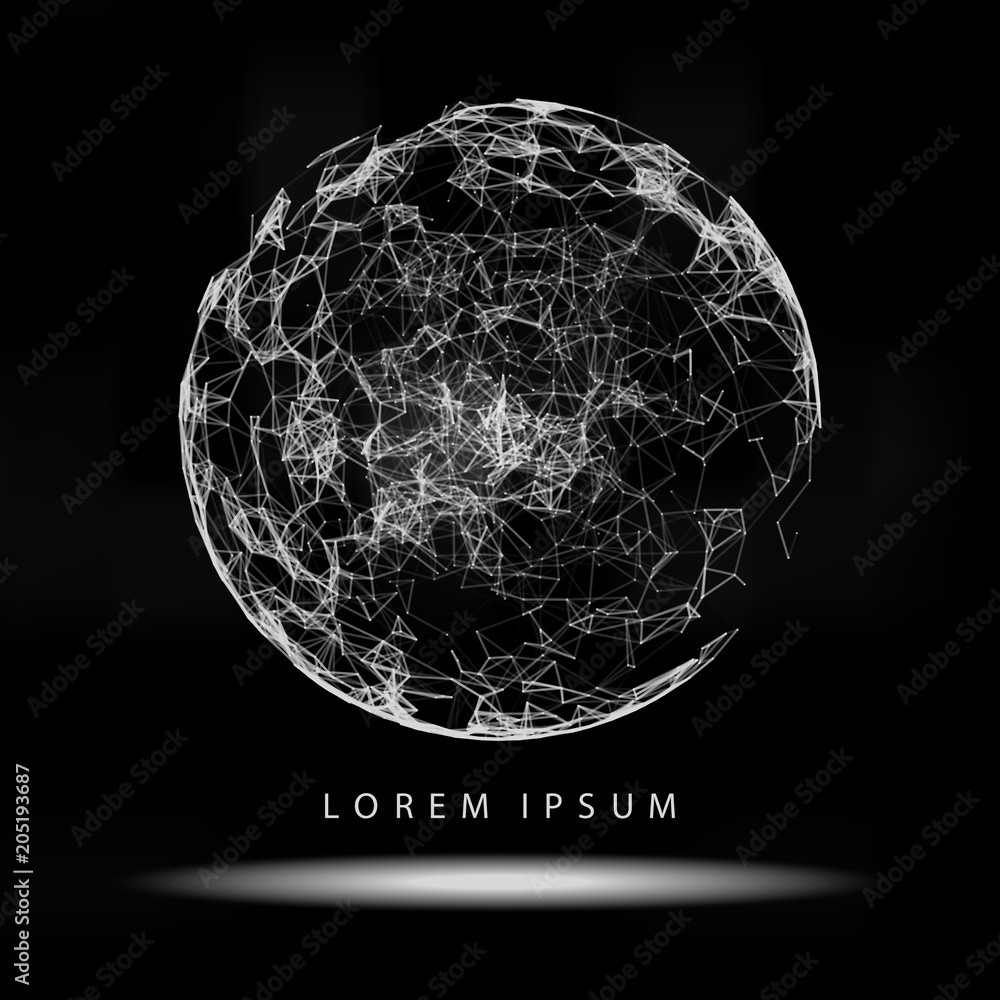 Poster abstract 3d illuminated distorted mesh sphere . neon sign . futuristic technology hud element . eleg