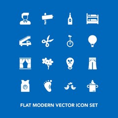 Modern, simple vector icon set on blue background with hostel, man, cherry, direction, pigeon, flower, red, restaurant, boy, fashion, wine, woman, baby, love, home, foot, pants, plastic, female icons