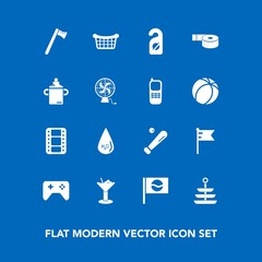 Modern, simple vector icon set on blue background with adhesive, play, tape, plate, label, drop, flag, office, bar, nation, spanner, ball, movie, national, game, basket, drink, japanese, market icons