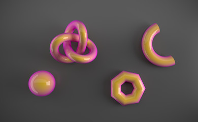 Realistic primitives on background.  Spheres, torus, tubes, cones and other geometric shapes in gold, holographic glass colors for trendy designs.3D Rendering