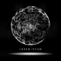 Abstract 3d Illuminated distorted Mesh Sphere . Neon Sign . Futuristic Technology HUD Element . Elegant  Destroyed  . Big data visualization .
