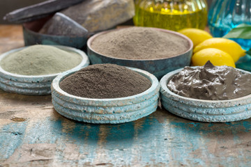 Ancient nature minerals, different types of clay used for skincare, spa treatments, face masks,...