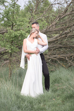 beautiful love people, newlyweds, a young couple, outdoor session. The bride in a white dress. Love, wedding and passion