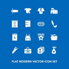 Modern, simple vector icon set on blue background with pesticide, shirt, real, clean, city, paper, cook, hygiene, care, apron, equipment, business, sign, food, saw, download, book, fashion, web icons