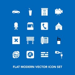 Modern, simple vector icon set on blue background with phone, communication, traffic, left, cold, telephone, kid, food, closed, sound, layout, note, background, street, mobile, move, old, screen icons