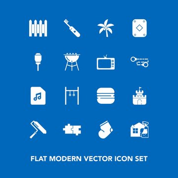 Modern, simple vector icon set on blue background with sand, fashion, puzzle, cleaner, summer, nature, paint, background, music, sound, clothes, exercise, fence, wall, barrier, white, protection icons