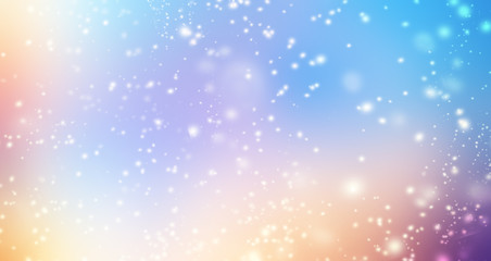 Glittering gradient background  with hologram effect and magic lights. Holographic  abstract fantasy  backdrop  with fairy sparkles, gold stars and festive  blurs. .