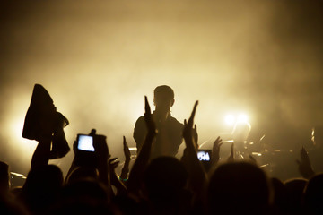 Silhouettes of people in a bright in the pop rock concert in front of the stage. Hands with gesture Horns. That rocks. Party in a club