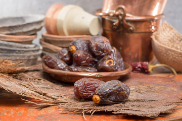 Traditional Middle East dessert, healthy food, big medjool dates fruits.