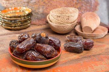 Traditional Middle East dessert, healthy food, big medjool dates fruits.