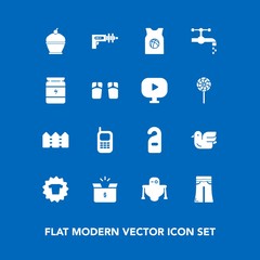 Modern, simple vector icon set on blue background with label, fence, weapon, science, dessert, food, motel, communication, woman, animal, cyborg, old, cake, sink, box, sweet, pants, phone, war icons