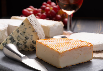 French cheeses plate in assortment, blue cheese, brie, munster, soft goat cheese