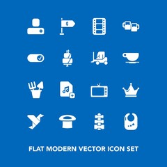 Modern, simple vector icon set on blue background with toy, add, person, fitness, queen, background, social, creative, equipment, file, entertainment, crown, king, bar, finance, child, gym, art icons
