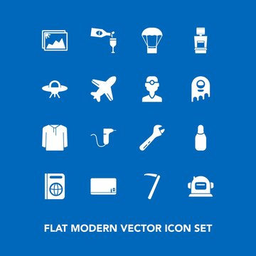 Modern, simple vector icon set on blue background with clinic, hammer, bowling, science, cone, photo, balloon, clothing, alcohol, dentistry, space, immigration, blank, picture, ufo, drink, chalk icons