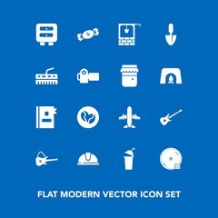 Modern, simple vector icon set on blue background with construction, airplane, work, white, guitar, music, sweet, cup, helmet, photography, bucket, jar, stone, keyboard, water, photographer, cd icons
