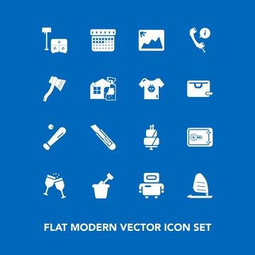 Modern, simple vector icon set on blue background with cake, ball, futuristic, summer, sand, equipment, picture, money, sweet, bed, ocean, schedule, drink, glass, sea, dessert, cutter, surf, red icons